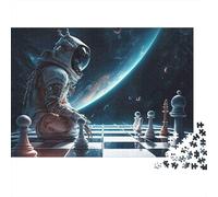 Astronaute Jouant aux Échecs Puzzle 1000 pièces pour Adultes Astronaute Échecs Espace Terre Premium Épais Robuste Vibrant Défiant Difficile Relaxation Antistress Cadeau 70x50cm/1000pcs