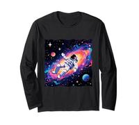 Astronaute View Vibrant Space Journey Planètes Étoiles Lune Manche Longue