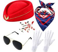 ASTRQLE Lot de 5 accessoires de costume d'hôtesse de l'air pour femmes, bonnet, écharpe, gants, broche, lunettes pour adultes, équipage de cabine, cosplay, tenue d'Halloween
