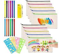 Astucci da Colorare,Borse per Dipingere per Bambini,10pcs Pochette Tela,12 Matite Colorate,4 Stencil per Pittura DIY,1 Confezione di Foglietti Adesivi,Astucci da Colorare per Compleanni,Scuola