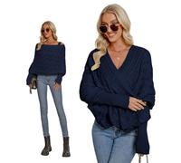 Asudaro Écharpe en tricot avec manches pour femme - Pull d'hiver tricoté multifonction - Motif torsadé - Mode - Poncho - Cape - Étole - Couleur unie, bleu marine, taille unique