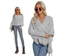 Asudaro Écharpe en tricot avec manches pour femme - Pull d'hiver tricoté multifonction - Motif torsadé - Mode - Poncho - Cape - Étole - Couleur unie, gris clair, taille unique