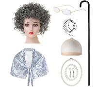 Asukohu Costume de vieille femme 9 pièces pour enfants avec châle, lunettes, collier, boucles d'oreilles, malade de la marche, rassemblement de famille