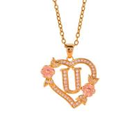 Asukohu Élégant collier à breloques en forme de lettre creuse en laiton avec pendentif en forme de cœur floral, bijoux légers pour les occasions spéciales, collier avec pendentif initiale en laiton