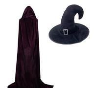 Asukohu Élégante cape de mort en velours pour adultes avec chapeau de sorcière, faux gants, ensemble pour fêtes d'Halloween, costume de sorcière pour adulte