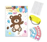 Asukohu Fournitures de fête Pin The Bows On The Bear - Poster de jeux de fête prénatale - 24 autocollants pour décorations d'anniversaire - Jeux amusants pour fête prénatale - Thème ours pour garçon