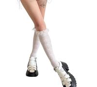 Asukohu Poisson en nylon extensible à propos des chaussettes de veau creux design tissage uni couleurs glands longueur genou chaussettes pour femmes dentelle élégante longueur genou, Blanc., taille