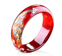 ASumPio Bracelet De Jade pour Femmes, Bracelet Chinois, Bracelet D’Agate Rouge Brésilienne Naturelle, Paon Peint, Coquille Sculptée, Calcédoine Incrustée avec Boîte,64mm