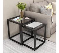 ASumPio Ensemble De 2 Tables D'Appoint Carrées, Table Basse avec Plateau en Verre Trempé Lisse, Table De Canapé avec Métal Et Table À Thé Gigogne Moderne pour Salon, Balcon,Clear Glass+Black E