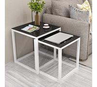 ASumPio Ensemble De 2 Tables D'Appoint Carrées, Table Basse avec Plateau en Verre Trempé Lisse, Table De Canapé avec Métal Et Table À Thé Gigogne Moderne pour Salon, Balcon,Black Glass+White E
