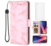 Asuwish Compatible avec LG V35 ThinQ V30 Plus Coque et protection d'écran en verre trempé avec fentes pour cartes et béquille Marbre pour LGV30 LGV35 LG30 LG35 V 30 35 V30+ V30s H931 Rose