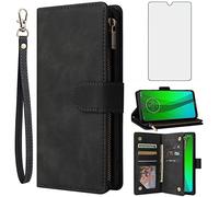 Asuwish Compatible avec Moto G7/G7+/Revvlry Plus Étui portefeuille en verre trempé et étui à rabat avec porte-cartes pour Motorola G7Plus Moto7 XT1962-1 G 7 7G Tmobile Revvlry+ Noir