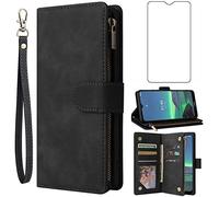 Asuwish Compatible avec Nokia 1.4 Étui portefeuille et protecteur d'écran en verre trempé,Étui à rabat en cuir avec porte-cartes,Accessoires cellulaires,Coque funda pour Nokia 1.4 TA-1323,Noir