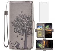 Asuwish Compatible avec Nokia 6.1 2018 - Étui portefeuille et protection d'écran en verre trempé - Avec dragonne, porte-cartes et support - Pour Nokia 6.1 TA-1045 - Pour homme et femme - Gris