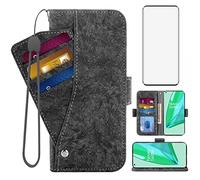 Asuwish Compatible avec OnePlus 9 Pro One Plus 9Pro 5G Étui portefeuille en verre trempé avec support pour cartes et téléphone portable On 1Plus 1 + Plus9 1+ Pro Nine Noir
