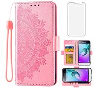 Asuwish Compatible avec Samsung Galaxy J1 2016/Amp 2/Express 3/Luna - Étui portefeuille et protecteur d'écran en verre trempé - Dragonne à rabat pour téléphone portable Glaxay Amp2 SM-J120A - Or rose