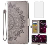 Asuwish Compatible avec T-Mobile Revvl V+ 5G - Étui portefeuille en verre trempé - Protection d'écran à rabat - Dragonne - Pour téléphone portable Tmobile RevvlV+ +5G T Mobile Revell V+5G TCL Revel V + Plus G5 2021 - Gris