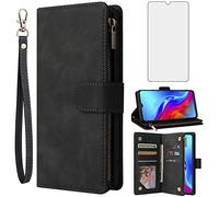 Asuwish Compatible avec TCL 20E 20Y TLC 6125F Étui portefeuille et protecteur d'écran en verre trempé Étui à rabat en cuir avec porte-cartes Support Accessoires portables pour Alcatel 1S 2021/3L 2021 Femme Noir