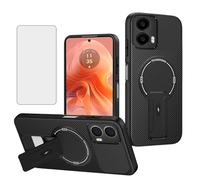 Asuwish Coque de protection magnétique en fibre de carbone pour Motorola Moto G04/G04s/G24/E14 4G avec protection d'écran en verre trempé et support rigide pour téléphone portable GO4 G 04 04s 24 E 14