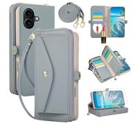 Asuwish Coque de téléphone pour iPhone 16 6,1 pouces Fermeture éclair Portefeuille Housse de téléphone portable avec protecteur d'écran en verre trempé Bandoulière Miroir de maquillage Flip