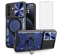 Asuwish Coque de téléphone pour Samsung Galaxy A57 5G Slide avec protecteur d'écran en verre trempé et anneau de support, mince, hybride, robuste, accessoires A 57 57A LTE pour homme et femme, bleu