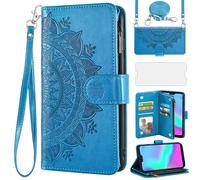 Asuwish Coque pour Huawei Honor 10 Portefeuille avec Verre Trempé et Cordon Porte Carte Chaine PU Cuir à Clapet Mandala Étui Housse Support Honor10 COL-L29 Vitre Protection Téléphone Case Femme Bleu