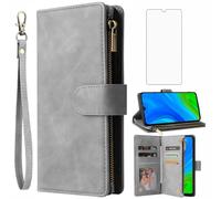 Asuwish Coque pour Huawei P Smart 2020 Portefeuille avec Verre Trempé et Porte Carte Chaine PU Cuir à Clapet Étui Housse Support PSmart Téléphone Case Femme Vitre Protection Protege Ecran Homme Gris