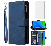 Asuwish Coque pour Huawei P Smart 2020 Portefeuille avec Verre Trempé et Porte Carte Chaine PU Cuir à Clapet Étui Housse Support PSmart Vitre Protection Protege Ecran Téléphone Case Femme Homme Bleu