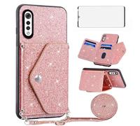 Asuwish Coque pour LG Velvet 5G/4G Portefeuille avec Verre Trempé et Cordon Porte Carte Chaine PU Paillette Cuir Vitre Protection Étui Housse Support LMG910EMW LM-G910EMW Téléphone Case Femme Rosegold