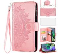 Asuwish Coque pour Motorola Moto G54 5G Portefeuille avec Verre Trempé et Cordon Porte Carte Chaine PU Cuir à Clapet Protection Mandala Housse Support G 54 54G XT2343-2 Téléphone Case Femme Rosegold