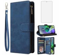 Asuwish Coque pour Motorola Moto G54 5G Portefeuille avec Verre Trempé et Porte Carte Chaine PU Cuir à Clapet Étui Housse Support G 54 54G XT2343-2 Protection Protege Téléphone Case Femme Homme Bleu