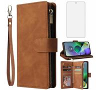 Asuwish Coque pour Motorola Moto G54 5G Portefeuille avec Verre Trempé et Porte Carte Chaine PU Cuir à Clapet Étui Housse Support G 54 54G XT2343-2 Protection Protege Téléphone Case Femme Homme Marron