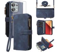 Asuwish Coque pour Redmi Note 13 Pro 4G/Poco M6 Pro 4G Portefeuille avec Verre Trempé et Cordon Porte Carte Chaine PU Cuir à Clapet Étui Housse Support 13Pro M6Pro Téléphone Case Vitre Femme Bleu