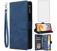 Asuwish Coque pour Samsung Galaxy A14 4G/A 14 5G/M14 Portefeuille avec Verre Trempé et Porte Carte Chaine PU Cuir à Clapet Étui Housse Support 14A LTE Vitre Protection Téléphone Case Femme Homme Bleu