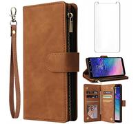 Asuwish Coque pour Samsung Galaxy A6 2018 Portefeuille avec Verre Trempé et Porte Carte Chaine PU Cuir à Clapet Étui Housse Support 6A Vitre Protection Protege Ecran Téléphone Case Femme Homme Marron