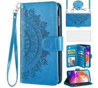 Asuwish Coque pour Samsung Galaxy A70 A70S Portefeuille avec Verre Trempé et Cordon Porte Carte Chaine PU Cuir à Clapet Protection Mandala Étui Housse Support A 70 S 70A S70 Téléphone Case Femme Bleu