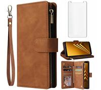 Asuwish Coque pour Samsung Galaxy A8 2018 Duos Portefeuille avec Verre Trempé et Porte Carte Chaine PU Cuir à Clapet Étui Housse Support A530 A530F SM-A530F Protection Téléphone Case Homme Marron