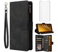 Asuwish Coque pour Samsung Galaxy A8 2018 Duos Portefeuille avec Verre Trempé et Porte Carte Chaine PU Cuir à Clapet Étui Housse Support A530 A530F SM-A530F Protection Téléphone Case Femme Homme Noir