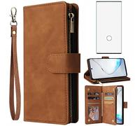 Asuwish Coque pour Samsung Galaxy Note 10 Portefeuille avec Verre Trempé et Porte Carte Chaine PU Cuir à Clapet Étui Housse Support Note10 5G Vitre Protection Protege Téléphone Case Femme Homme Marron