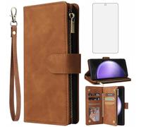 Asuwish Coque pour Samsung Galaxy S23 FE 5G Portefeuille avec Verre Trempé et Porte Carte Chaine PU Cuir à Clapet Étui Housse Support S 23 S23FE 23FE Vitre Protection Téléphone Case Femme Homme Marron