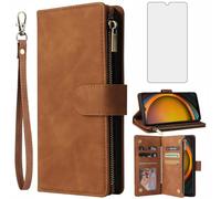 Asuwish Coque pour Samsung Galaxy Xcover 7 Portefeuille avec Verre Trempé et Porte Carte Chaine PU Cuir à Clapet Étui Housse Support Xcover7 Vitre Protection Protege Téléphone Case Femme Homme Marron