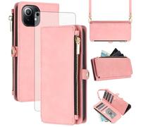 Asuwish Coque pour Xiaomi Mi 11 5G Portefeuille avec Verre Trempé et Cordon Porte Carte Chaine PU Cuir à Clapet RFID Mandala Étui Housse Support Mi11 M11 M2011K2G Téléphone Case Fleur Etui Femme Rose