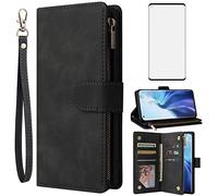 Asuwish Coque pour Xiaomi Mi 11 5G Portefeuille avec Verre Trempé et Porte Carte Chaine PU Cuir à Clapet Étui Housse Support Mi11 M11 M2011K2G Vitre Protection Protege Téléphone Case Femme Homme Noir