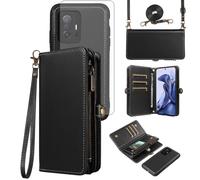 Asuwish Coque pour Xiaomi Mi 11T/Mi11T Pro 5G Portefeuille avec Verre Trempé et Cordon Porte Carte Chaine Cuir à Clapet Étui Housse Support M11T T11 21081111RG 2107113SG Téléphone Case Femme Noir