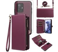 Asuwish Coque pour Xiaomi Mi 11T/Mi11T Pro 5G Portefeuille avec Verre Trempé et Cordon Porte Carte Chaine Cuir à Clapet Housse Support M11T T11 21081111RG 2107113SG Téléphone Case Femme Violet Intense