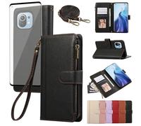 Asuwish Étui de protection pour Xiaomi Mi 11 5G - Avec bande de film de protection d'écran - Compartiment pour cartes - Pliable - En cuir - Portefeuille - Mi11 M11 M2011K2G - Avec fermeture éclair