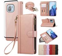 Asuwish Étui de protection pour Xiaomi Mi 11 5G - Avec bande de film de protection d'écran - Compartiment pour cartes - Pliable - En cuir - Support - Mi11 M11 M2011K2G - Rose doré