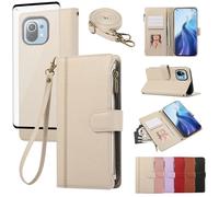 Asuwish Étui de protection pour Xiaomi Mi 11 5G - Avec bande de film de protection d'écran - Compartiment pour cartes - Pliable - En cuir - Portefeuille - Mi11 M11 M2011K2G - Fermeture éclair - Beige