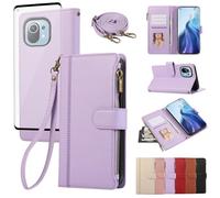 Asuwish Étui de protection pour Xiaomi Mi 11 5G - Avec bande de film de protection d'écran - Compartiment pour cartes - Pliable - En cuir - Portefeuille - Mi11 M11 M2011K2G - Avec fermeture éclair