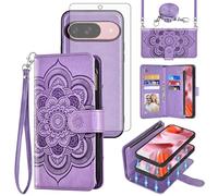 Asuwish Étui de téléphone pour Google Pixel 9/9 Pro 5G - Fermeture éclair - Étui portefeuille amovible avec protection d'écran en verre trempé - Bandoulière - Porte-cartes à fleurs Pixel9 9Pro Nine